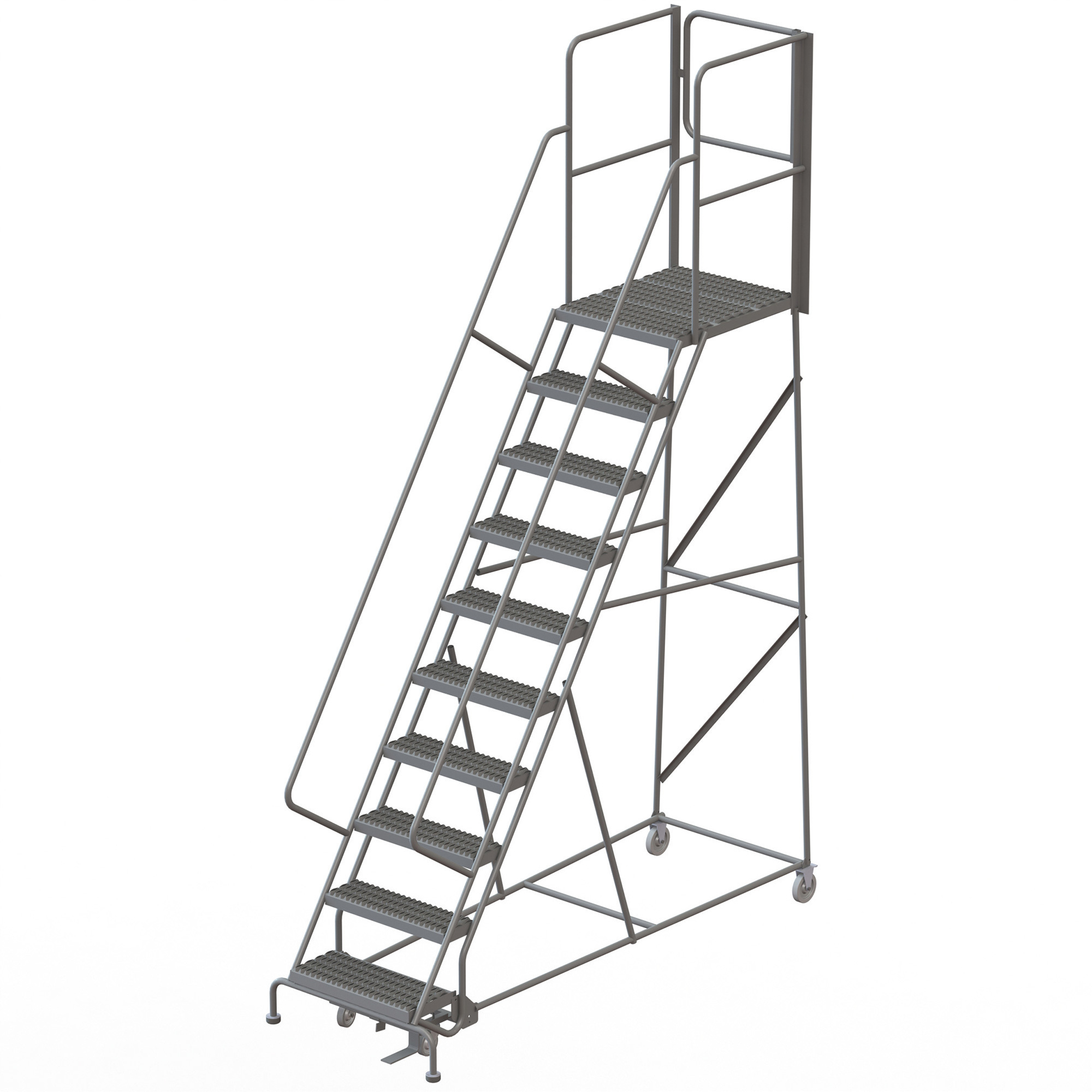 Tri-Arc 10-Step Steel Rolling Ladder with Serrated Steps and Rear Exit Gate, Gray, 24in.W x 30in.D Platform, 450-Lb. Capacity, Model# KDSR110242-XR